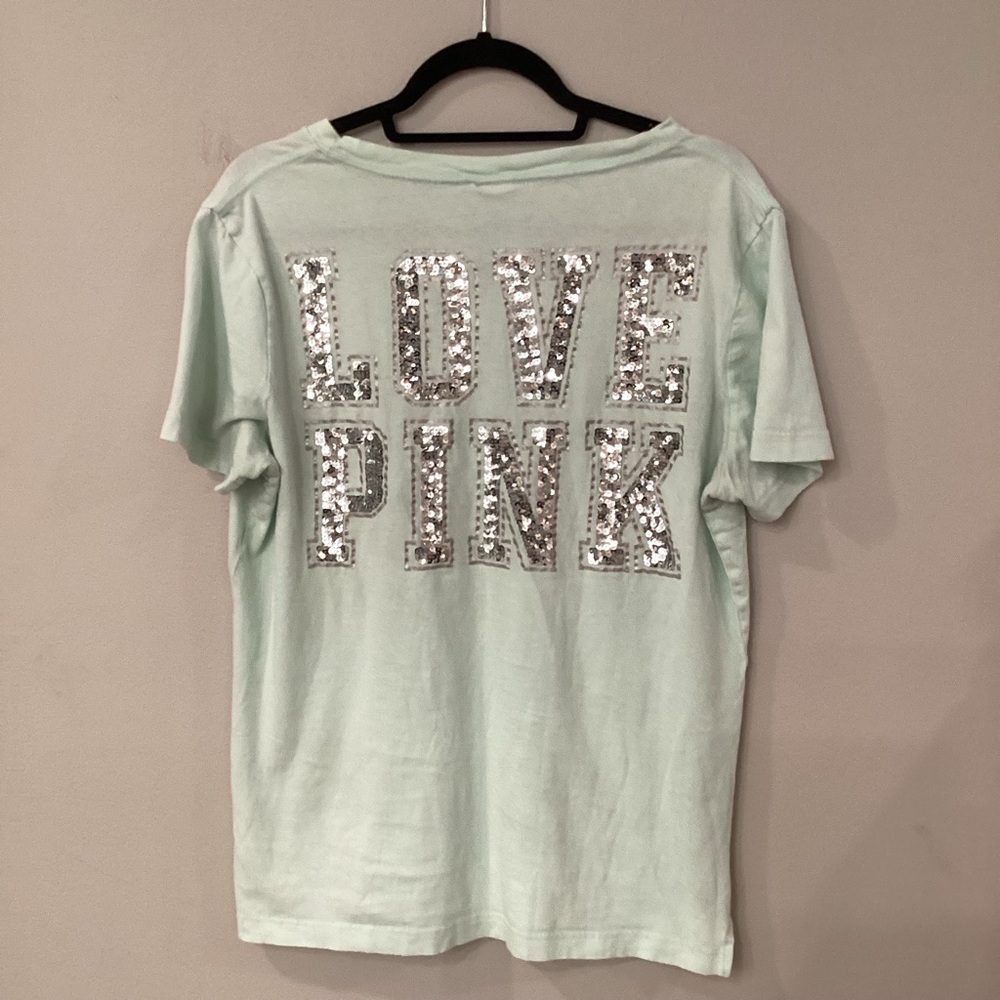 PINK Victoria’s Secret S Mint Short Sleeve T-Shirt Preowned with Sequins on Back